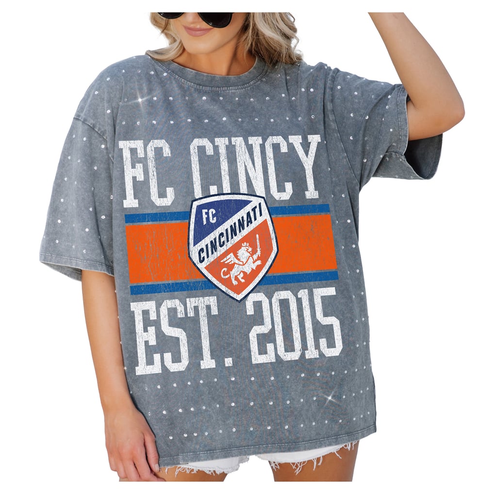  FC Cincinnati Gameday Couture Women's Oversized Mini Rhinestone Classic T-Shirt - Gray